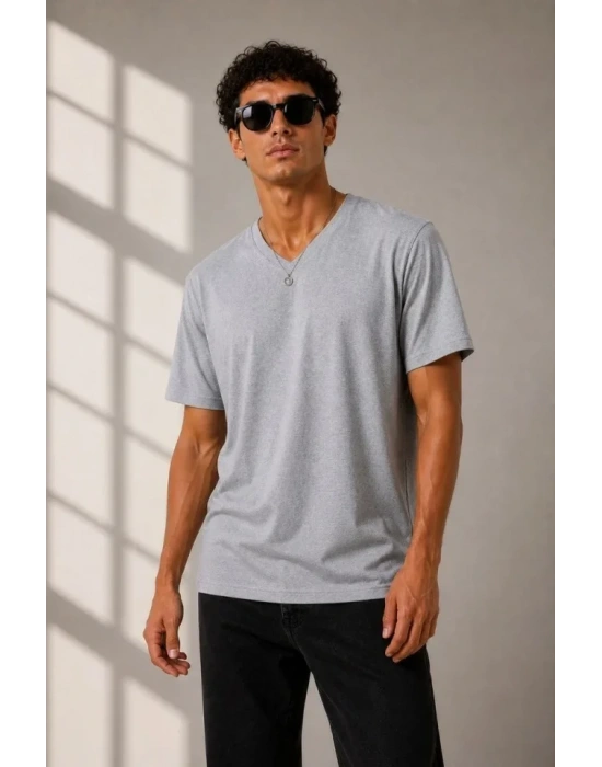Erkek V Yaka Basic Tişört Kısa Kol Yazlık Regular Fit Thirt  Gri