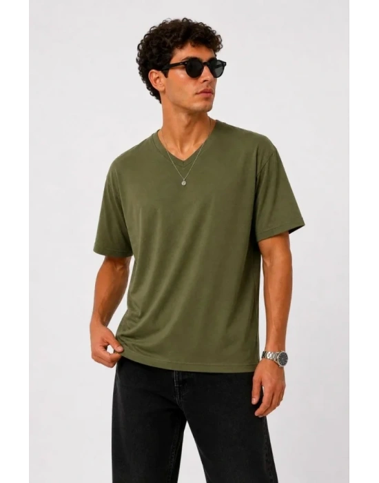 Erkek V Yaka Basic Tişört Kısa Kol Yazlık Regular Fit Thirt  Haki
