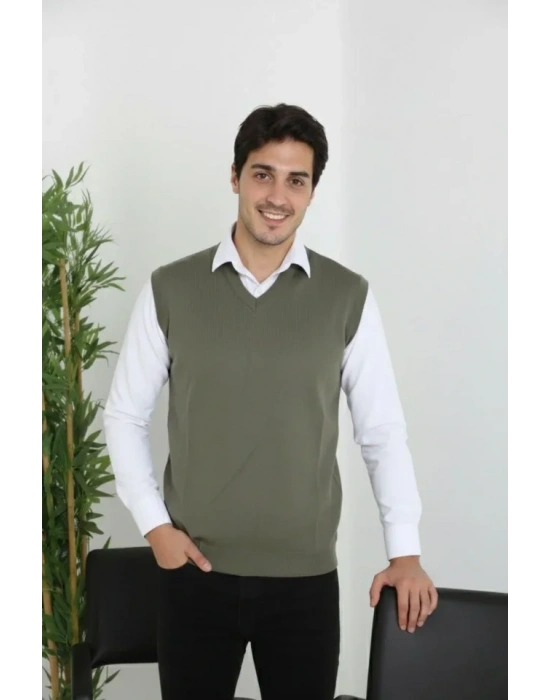 Erkek V Yaka Kolsuz Süveter Triko Kazak Yumuşak Dokulu Pamuklu Ince Dokuma Rahat Regular Kalıp  Haki