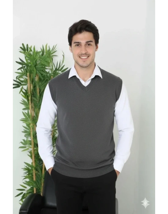 Erkek V Yaka Kolsuz Süveter Triko Kazak Yumuşak Dokulu Pamuklu Ince Dokuma Rahat Regular Kalıp  Füme