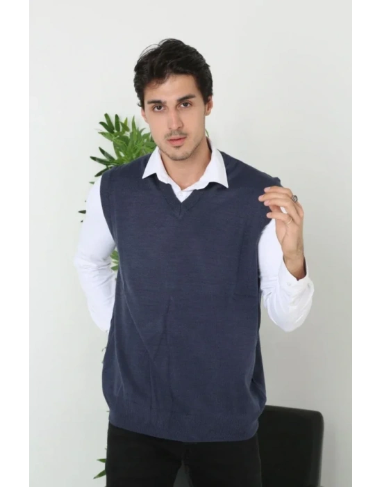 Erkek V Yaka Kolsuz Süveter Triko Kazak Yumuşak Dokulu Pamuklu Ince Dokuma Rahat Regular Kalıp  acivert