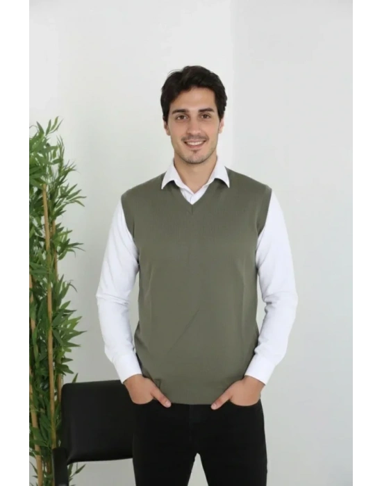 Erkek V Yaka Kolsuz Süveter Triko Kazak Yumuşak Dokulu Pamuklu Ince Dokuma Rahat Regular Kalıp  Haki