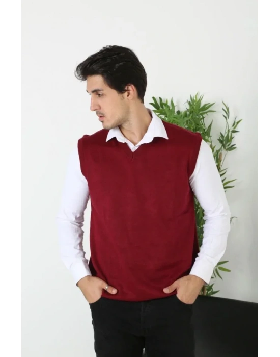 Erkek V Yaka Kolsuz Süveter Triko Kazak Yumuşak Dokulu Pamuklu Ince Dokuma Rahat Regular Kalıp  Bordo