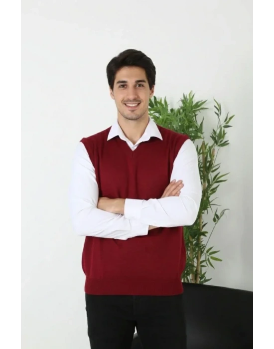 Erkek V Yaka Kolsuz Süveter Triko Kazak Yumuşak Dokulu Pamuklu Ince Dokuma Rahat Regular Kalıp  Bordo