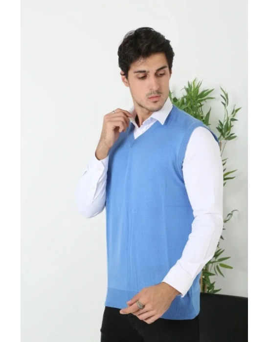 Erkek V Yaka Kolsuz Süveter Triko Kazak Yumuşak Dokulu Pamuklu Ince Dokuma Rahat Regular Kalıp  Mavi