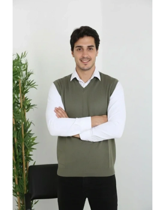 Erkek V Yaka Kolsuz Süveter Triko Kazak Yumuşak Dokulu Pamuklu Ince Dokuma Rahat Regular Kalıp  Haki