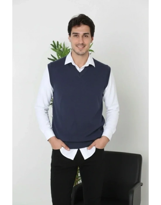 Erkek V Yaka Kolsuz Süveter Triko Kazak Yumuşak Dokulu Pamuklu Ince Dokuma Rahat Regular Kalıp  acivert
