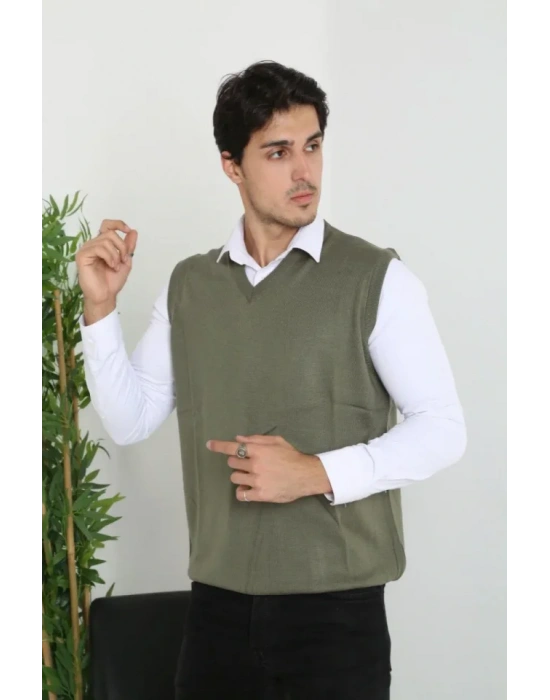 Erkek V Yaka Kolsuz Süveter Triko Kazak Yumuşak Dokulu Pamuklu Ince Dokuma Rahat Regular Kalıp  Haki