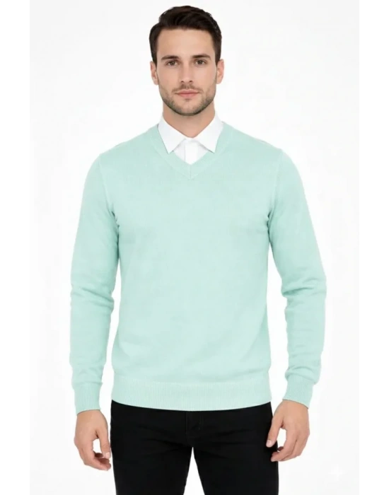 Erkek V Yaka Triko Kazak Yumuşak Dokulu Pamuklu Ince Dokuma, Uzun Kollu Rahat Regular Kalıp  int Yeşili