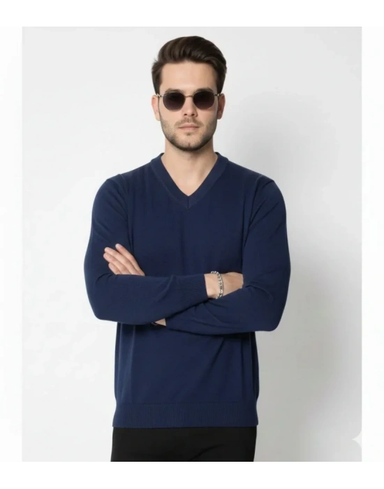 Erkek V Yaka Triko Kazak Yumuşak Dokulu Pamuklu Ince Dokuma, Uzun Kollu Rahat Regular Kalıp  acivert