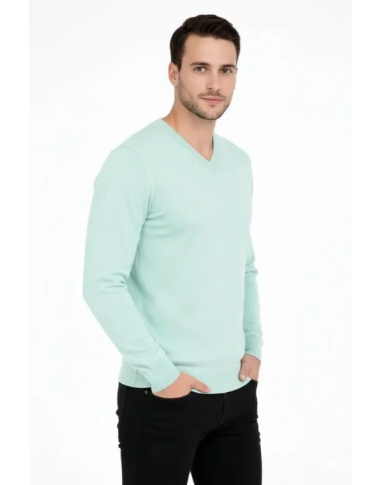 Erkek V Yaka Triko Kazak Yumuşak Dokulu Pamuklu Ince Dokuma, Uzun Kollu Rahat Regular Kalıp  int Yeşili