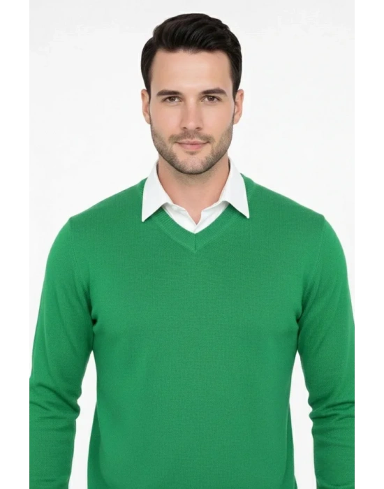 Erkek V Yaka Triko Kazak Yumuşak Dokulu Pamuklu Ince Dokuma, Uzun Kollu Rahat Regular Kalıp  Çimen Yeşili