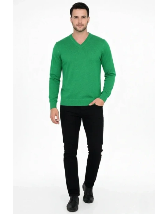 Erkek V Yaka Triko Kazak Yumuşak Dokulu Pamuklu Ince Dokuma, Uzun Kollu Rahat Regular Kalıp  Çimen Yeşili