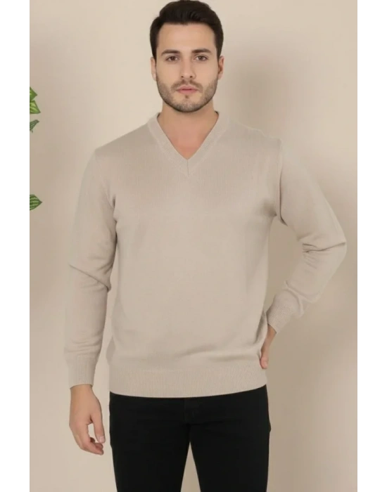 Erkek V Yaka Triko Kazak Yumuşak Dokulu Pamuklu Ince Dokuma, Uzun Kollu Rahat Regular Kalıp  Bej