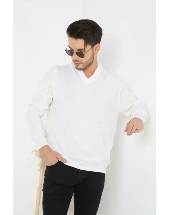 Erkek V Yaka Triko Kazak Yumuşak Dokulu Pamuklu Ince Dokuma, Uzun Kollu Rahat Regular Kalıp  Beyaz