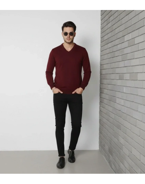 Erkek V Yaka Triko Kazak Yumuşak Dokulu Pamuklu Ince Dokuma, Uzun Kollu Rahat Regular Kalıp  Bordo