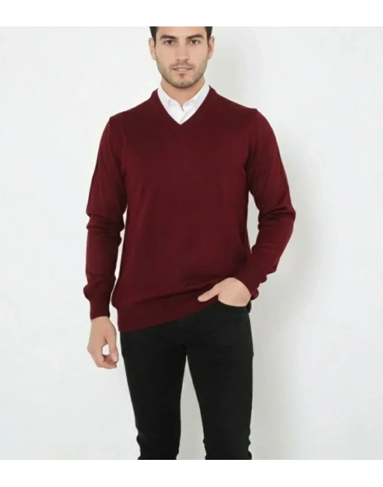 Erkek V Yaka Triko Kazak Yumuşak Dokulu Pamuklu Ince Dokuma, Uzun Kollu Rahat Regular Kalıp  Bordo