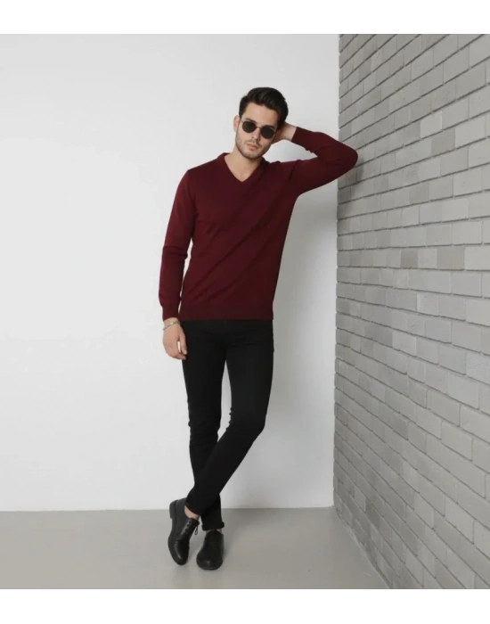 Erkek V Yaka Triko Kazak Yumuşak Dokulu Pamuklu Ince Dokuma, Uzun Kollu Rahat Regular Kalıp  Bordo