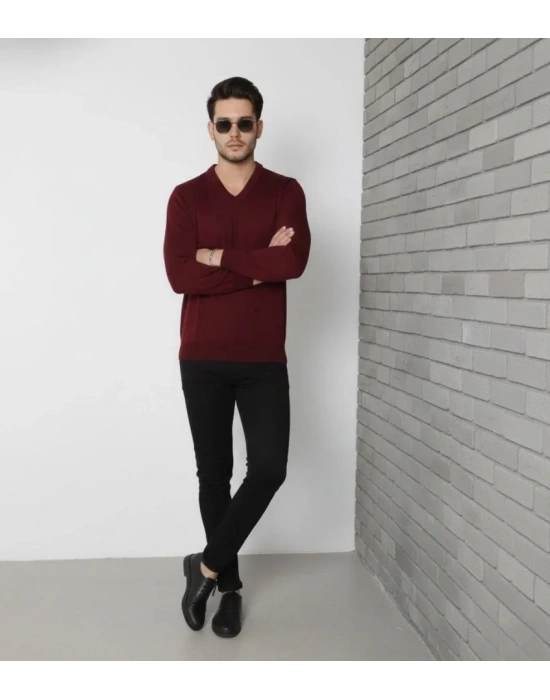 Erkek V Yaka Triko Kazak Yumuşak Dokulu Pamuklu Ince Dokuma, Uzun Kollu Rahat Regular Kalıp  Bordo