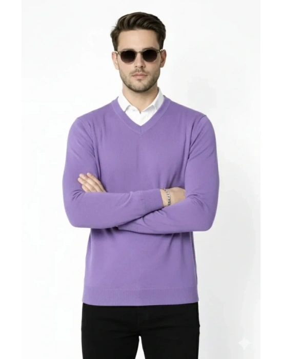 Erkek V Yaka Triko Kazak Yumuşak Dokulu Pamuklu Ince Dokuma, Uzun Kollu Rahat Regular Kalıp  or