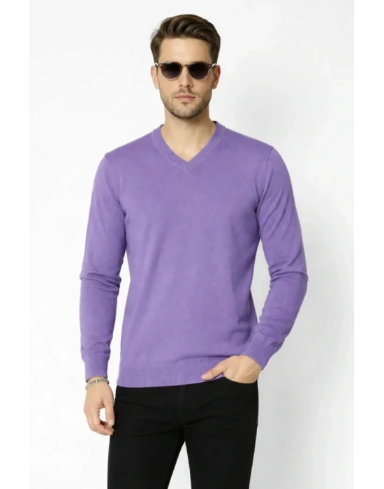 Erkek V Yaka Triko Kazak Yumuşak Dokulu Pamuklu Ince Dokuma, Uzun Kollu Rahat Regular Kalıp  or