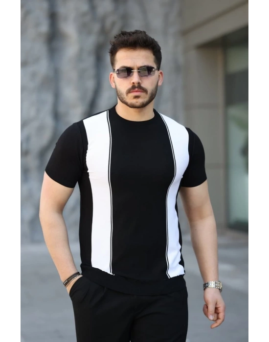 Erkek Viskon Kumaş Bisiklet Yaka çizgi Desenli Tişört