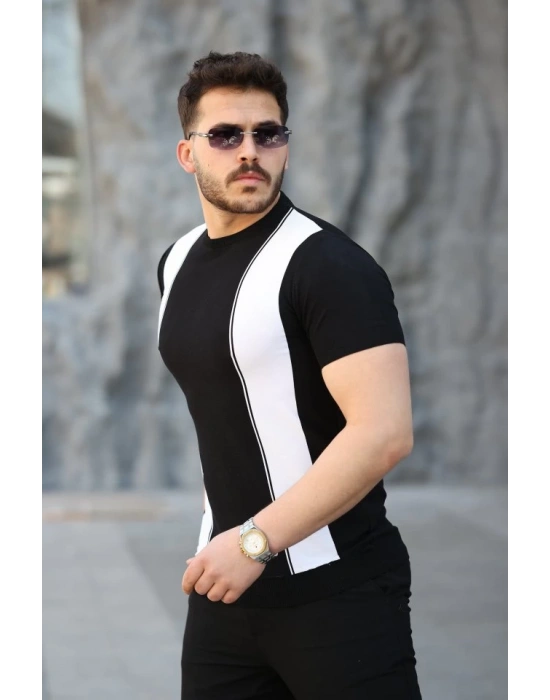 Erkek Viskon Kumaş Bisiklet Yaka çizgi Desenli Tişört