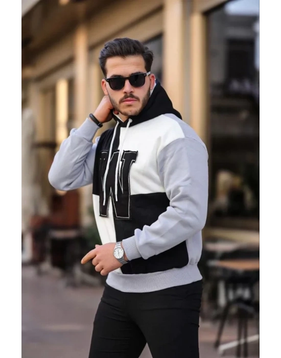 Erkek W Nakış İşlemeli Kapüşonlu weatshirt  iyah