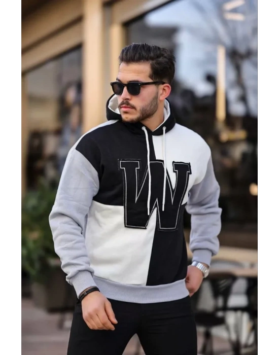 Erkek W Nakış İşlemeli Kapüşonlu weatshirt  iyah
