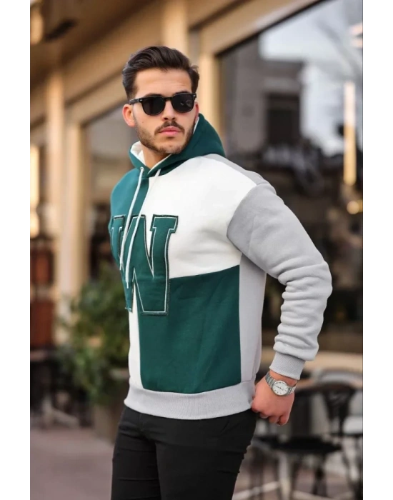 Erkek W Nakış İşlemeli Kapüşonlu weatshirt  Yeşil