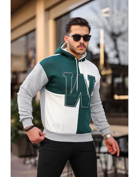 Erkek W Nakış İşlemeli Kapüşonlu weatshirt  Yeşil