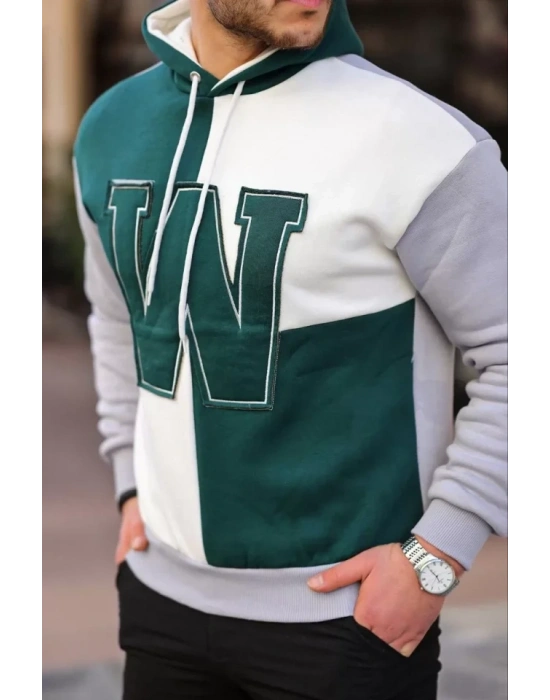 Erkek W Nakış İşlemeli Kapüşonlu weatshirt  Yeşil