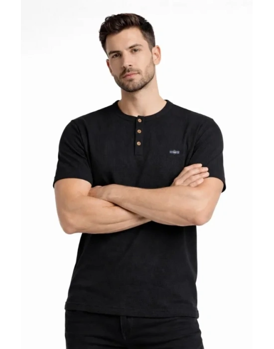 Erkek Waffle Dokulu ikralı Henley Yaka Düğmeli Regular Fit Kısa Kollu Thirt  iyah