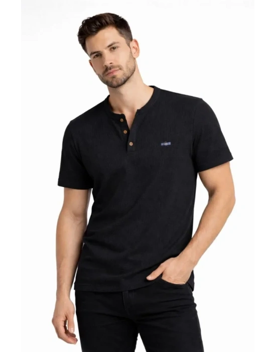 Erkek Waffle Dokulu ikralı Henley Yaka Düğmeli Regular Fit Kısa Kollu Thirt  iyah