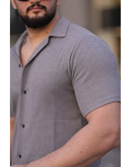 Erkek Waffle Dokuma Açık Yakalı Düğmeli Regular Kalıp 2’li Gömlek eti  Beyaz  Gri