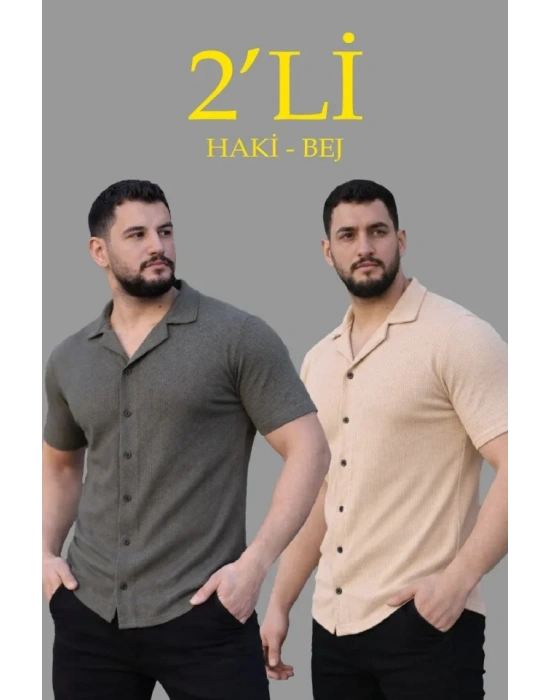 Erkek Waffle Dokuma Açık Yakalı Düğmeli Regular Kalıp 2’li Gömlek eti  Haki  Bej