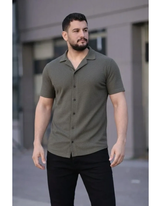 Erkek Waffle Dokuma Açık Yakalı Düğmeli Regular Kalıp 2’li Gömlek eti  Haki  Bej