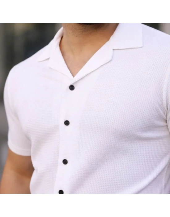 Erkek Waffle Dokuma Açık Yakalı Düğmeli Regular Kalıp 2’li Gömlek eti  iyah  Beyaz