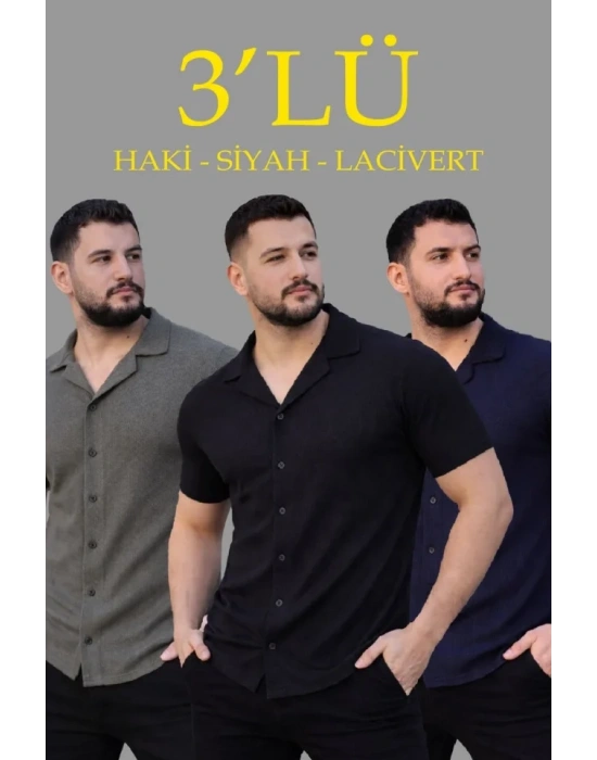 Erkek Waffle Dokuma Açık Yakalı Düğmeli Regular Kalıp 3’lü Gömlek eti  iyah, Haki, acivert