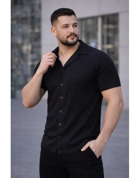 Erkek Waffle Dokuma Açık Yakalı Düğmeli Regular Kalıp 3’lü Gömlek eti  iyah, Haki, acivert