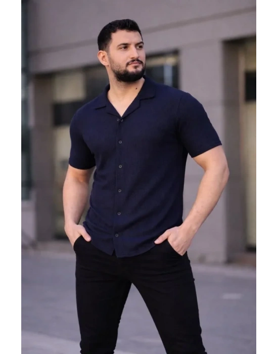 Erkek Waffle Dokuma Açık Yakalı Düğmeli Regular Kalıp 3’lü Gömlek eti  iyah, Haki, acivert