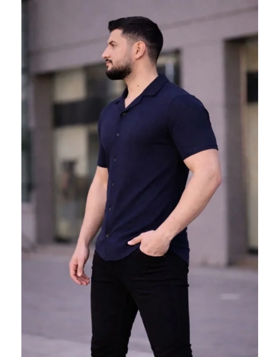 Erkek Waffle Kumaş Kısa Kollu Düğmeli Açık Yaka Regular Fit Gömlek  acivert