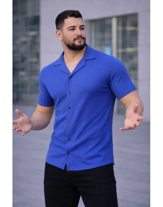 Erkek Waffle Kumaş Kısa Kollu Düğmeli Açık Yaka Regular Fit Gömlek  aks avisi