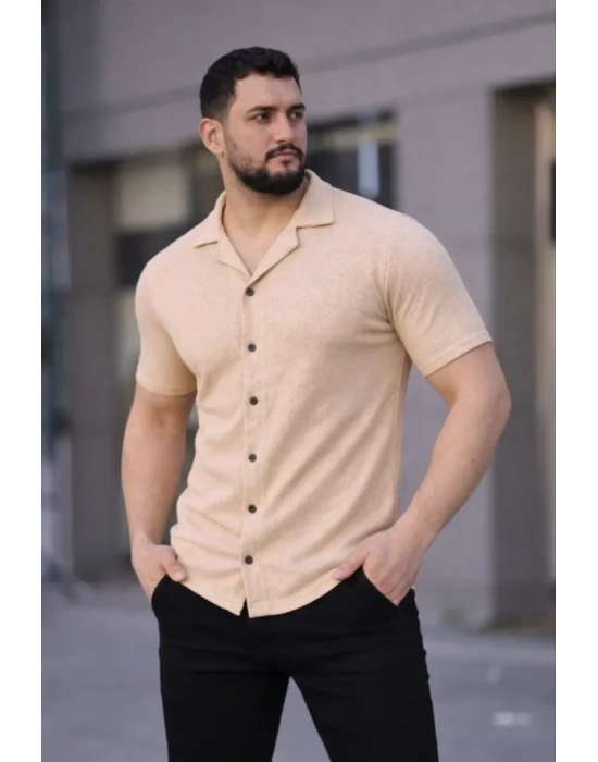 Erkek Waffle Kumaş Kısa Kollu Düğmeli Açık Yaka Regular Fit Gömlek  Bej