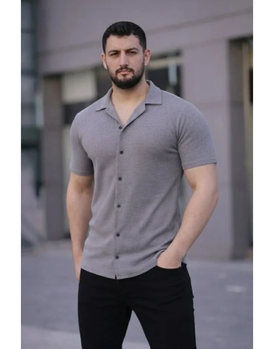 Erkek Waffle Kumaş Kısa Kollu Düğmeli Açık Yaka Regular Fit Gömlek  Gri