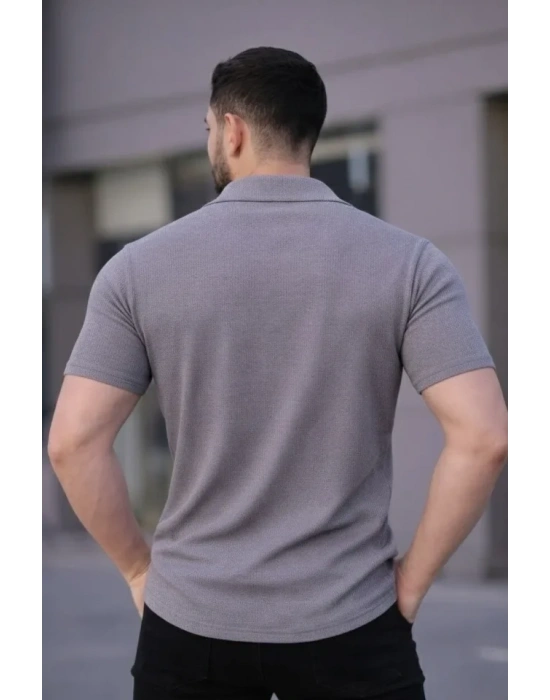 Erkek Waffle Kumaş Kısa Kollu Düğmeli Açık Yaka Regular Fit Gömlek  Gri