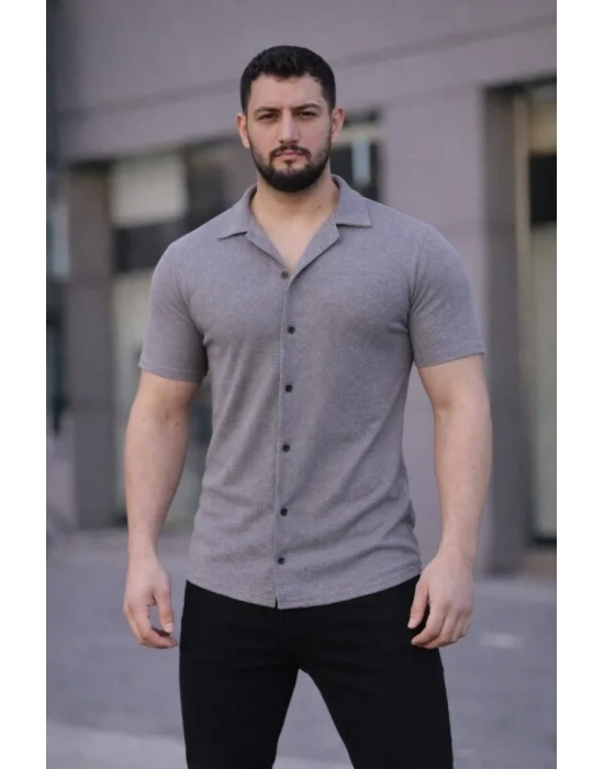 Erkek Waffle Kumaş Kısa Kollu Düğmeli Açık Yaka Regular Fit Gömlek  Gri