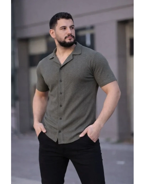 Erkek Waffle Kumaş Kısa Kollu Düğmeli Açık Yaka Regular Fit Gömlek  Haki