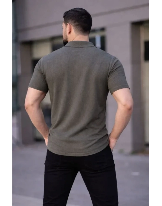Erkek Waffle Kumaş Kısa Kollu Düğmeli Açık Yaka Regular Fit Gömlek  Haki