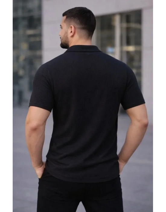 Erkek Waffle Kumaş Kısa Kollu Düğmeli Açık Yaka Regular Fit Gömlek  iyah